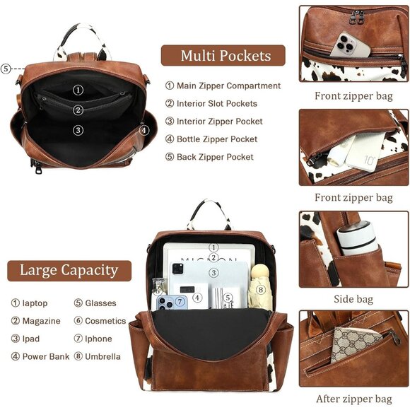 Leather Backpack Women Faux Leather Large Capacity Travel Work Daypack - Picture 4 of 7